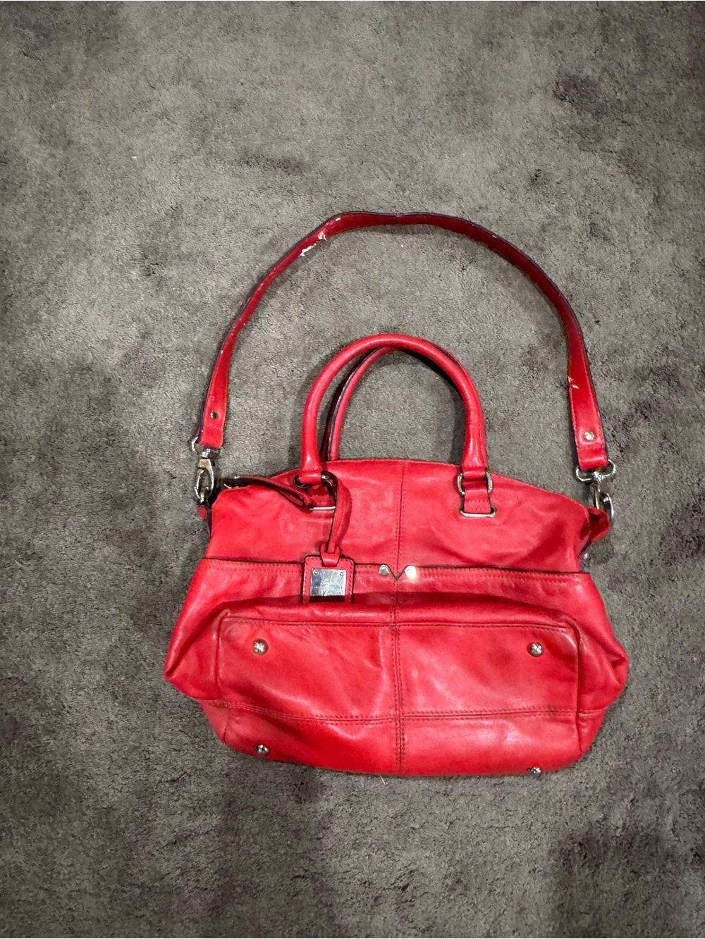 Tignanello Red Satchel Shoulder Bag Multi-Pocket Striped Lining
